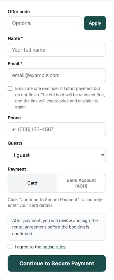 The Villa Karaway checkout on a phone: offer code, guest name, email, phone, guest count, card or bank account payment, a note that the rental agreement is signed after payment, a house rules checkbox, and a Continue to Secure Payment button.